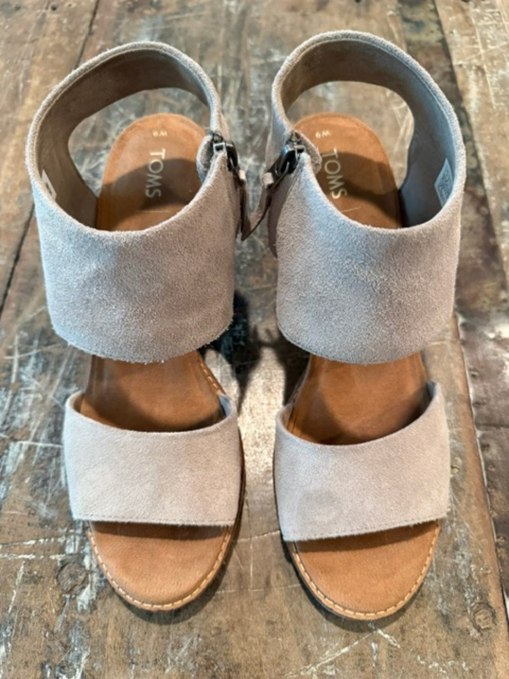 Toms Majorca Beige Cutout Ankle Strap Suede Leather Chunky Heel Sandals